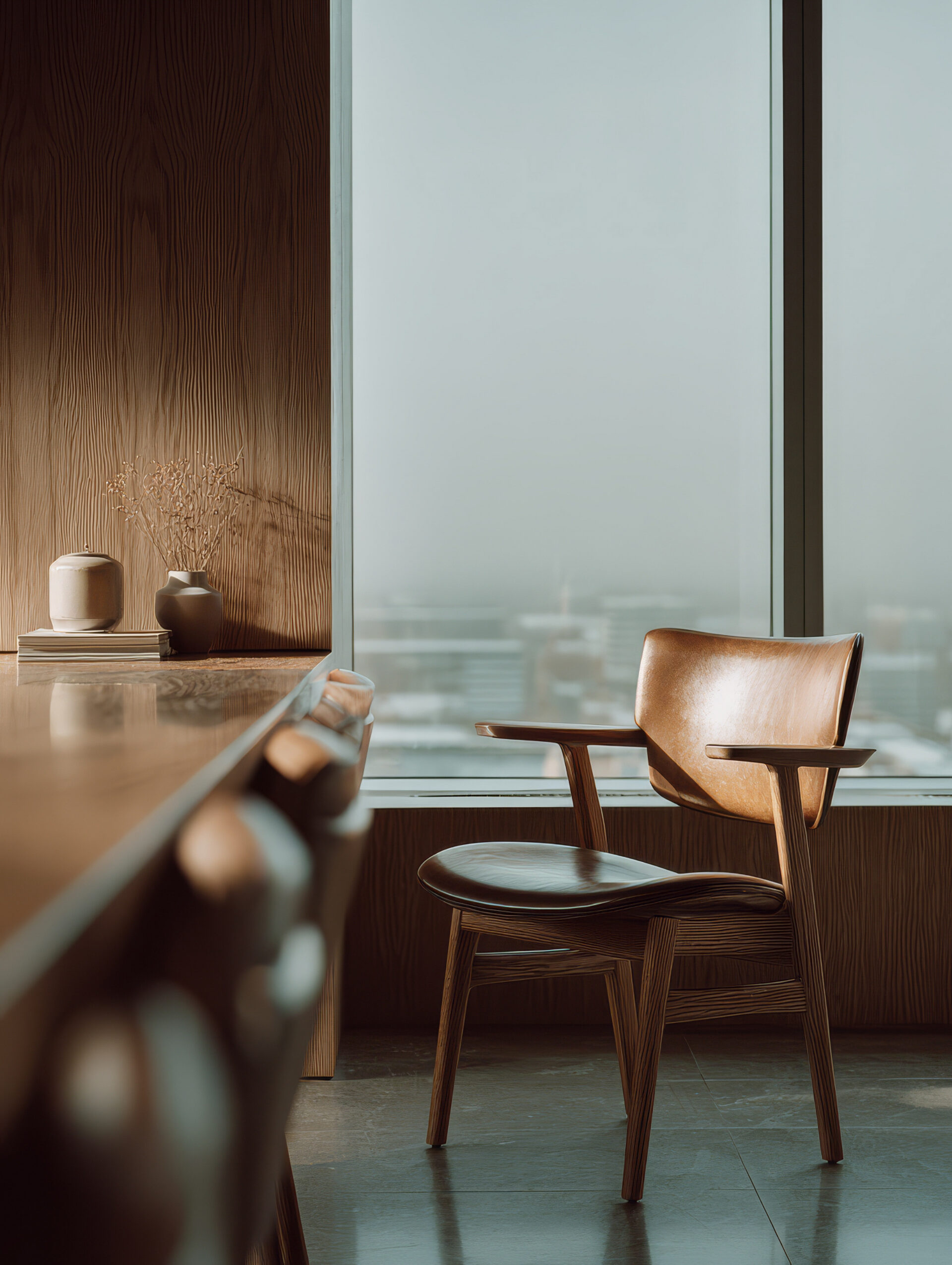 Leather chair and wooden desk beside a tall window overlooking the city