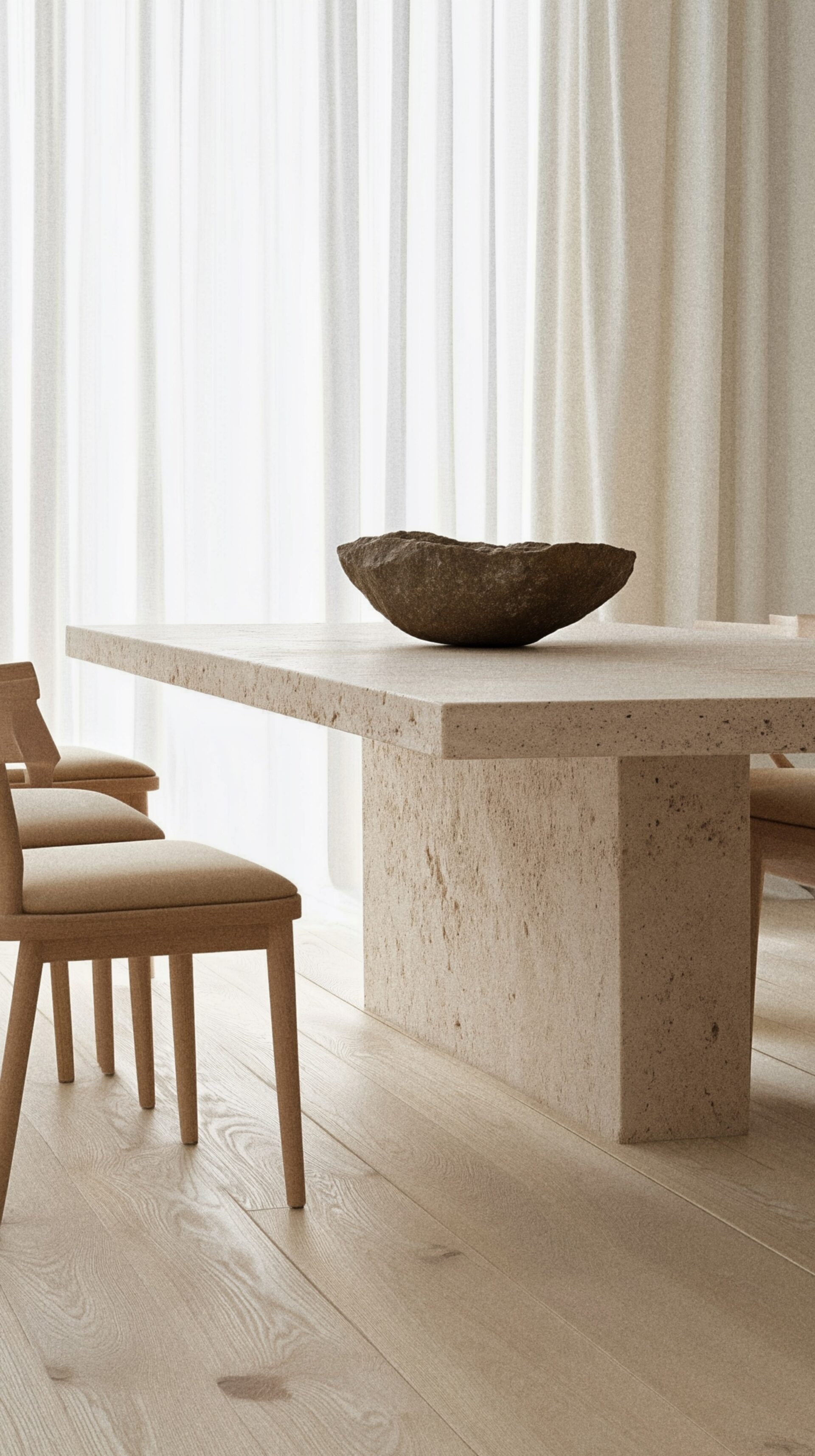 Travertine dining table with a stone bowl and wooden chairs